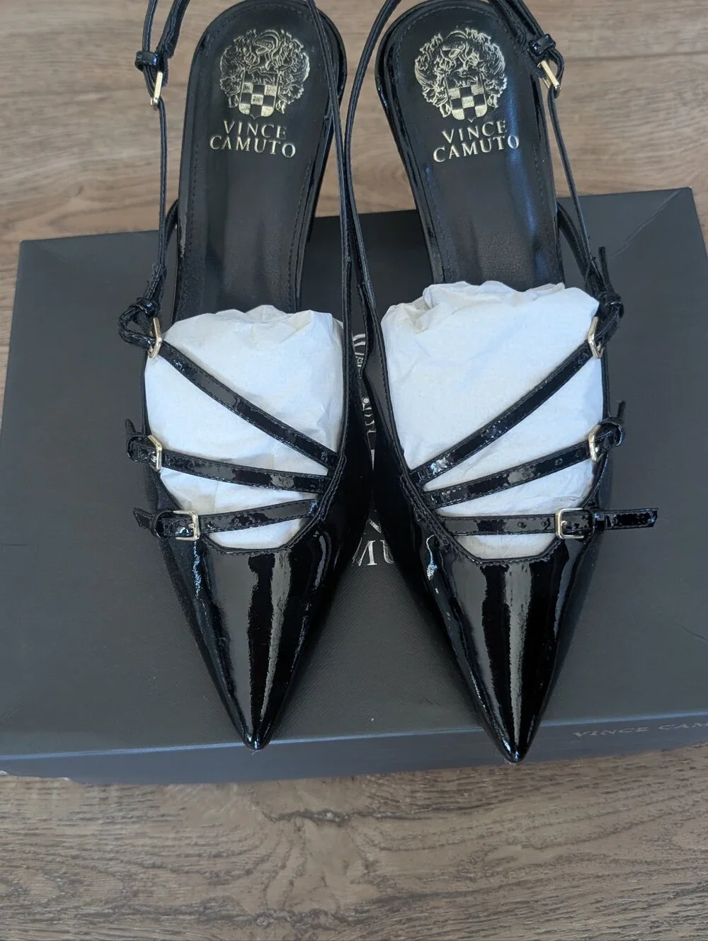Vince Camuto Black Patent Pointed Slingback Pumps with Sculpted Block Heel